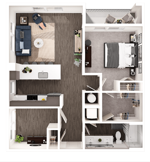 Floor plan for 1 bed, 1 bath, 917 sqft